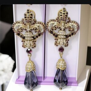 French Fleur De Lis Antiqued Gold Amethyst Crystal Drop Omega Earrings